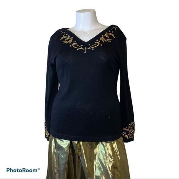 Vintage L'eau Vive knit embroidered shirt‎ with metallic gold maxi lined skirt - Picture 2 of 16
